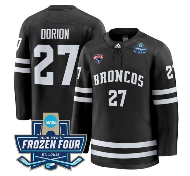 Men's adidas Dan Dorion #27 Western Michigan Broncos 2025 NCAA Hockey Frozen Four Patch Stitched Black Jersey