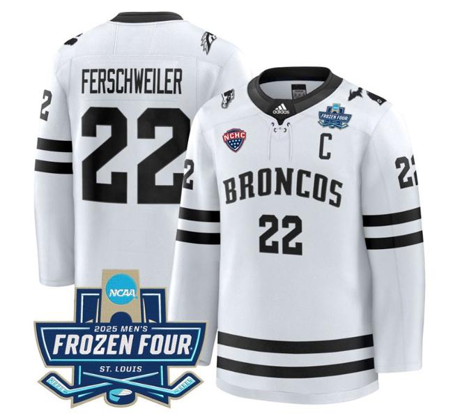 Men's adidas Pat Ferschweiler #22 Western Michigan Broncos 2025 NCAA Hockey Frozen Four Patch Stitched White Jersey
