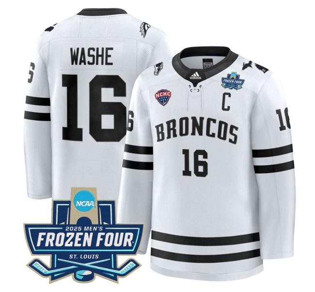 Men's adidas Tim Washe #16 Western Michigan Broncos 2025 NCAA Hockey Frozen Four Patch Stitched White Jersey