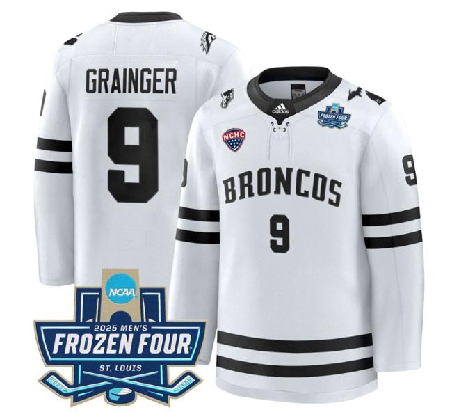 Men's adidas Luke Grainger #9 Western Michigan Broncos 2025 NCAA Hockey Frozen Four Patch Stitched White Jersey
