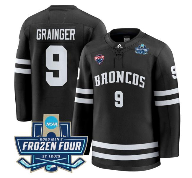 Men's adidas Luke Grainger #9 Western Michigan Broncos 2025 NCAA Hockey Frozen Four Patch Stitched Black Jersey