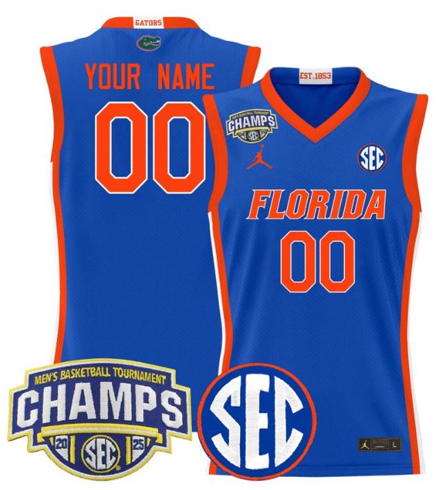 Custom Jordan Brand Florida Gators 2025 NCAA Men's Basketball SEC Tournament Champions Stitched Royal Jersey