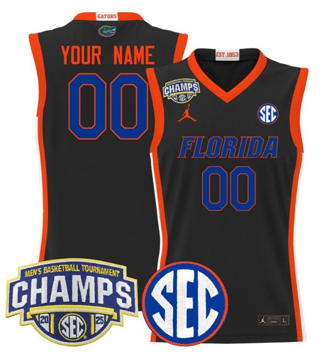 Custom Jordan Brand Florida Gators 2025 NCAA Men's Basketball SEC Tournament Champions Stitched Black Jersey