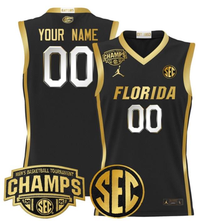 Custom Jordan Brand Florida Gators 2025 NCAA Men's Basketball SEC Tournament Champions Stitched Black Gold Jersey