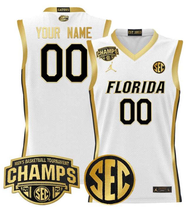 Custom Jordan Brand Florida Gators 2025 NCAA Men's Basketball SEC Tournament Champions Stitched White Gold Jersey