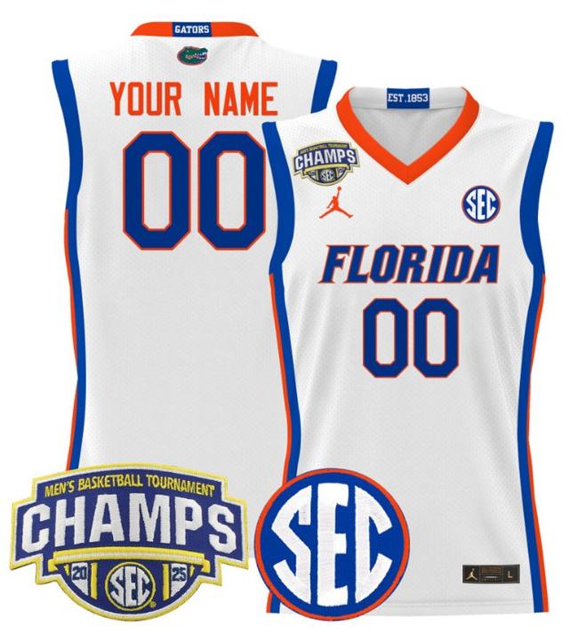 Custom Jordan Brand Florida Gators 2025 NCAA Men's Basketball SEC Tournament Champions Stitched White Jersey