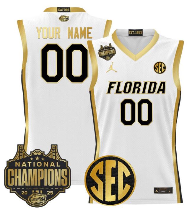 Custom Jordan Brand Florida Gators 2025 NCAA Men's Basketball National Champions Patch Stitched White Gold Jersey