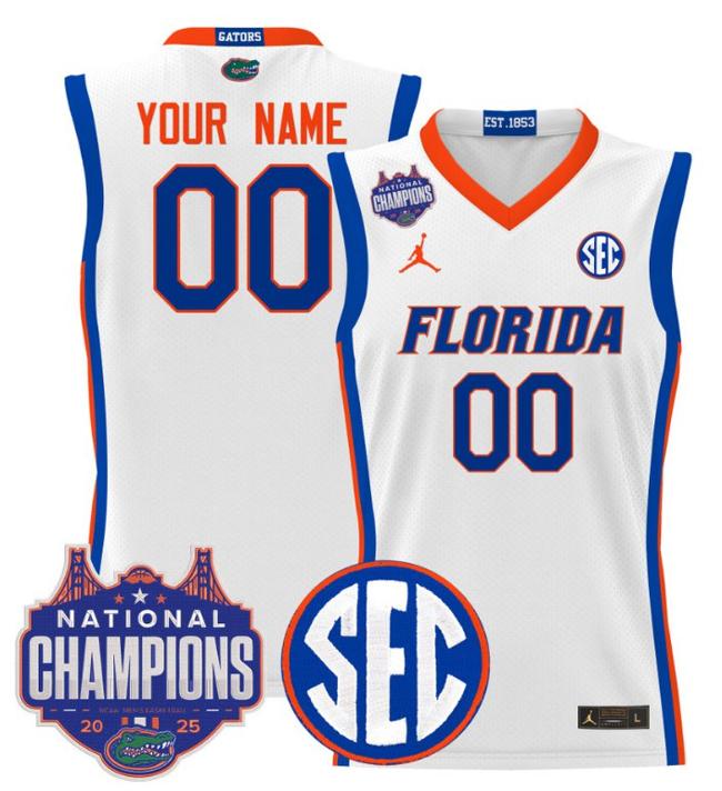 Custom Jordan Brand Florida Gators 2025 NCAA Men's Basketball National Champions Patch Stitched White Jersey