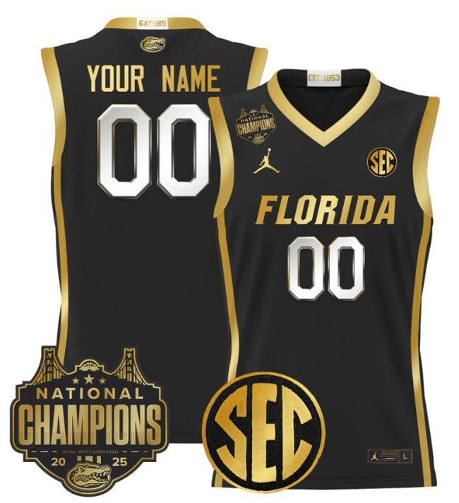 Custom Jordan Brand Florida Gators 2025 NCAA Men's Basketball National Champions Patch Stitched Black Gold Jersey