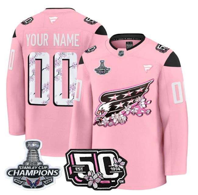 Custom Washington Capitals 50th Anniversary & 2018 Stanley Cup Champions Patch Cherry Blossom Stitched NHL Jersey