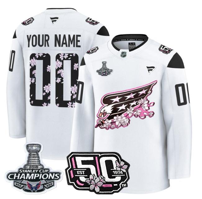 Custom Washington Capitals 50th Anniversary & 2018 Stanley Cup Champions Patch White Stitched NHL Jersey
