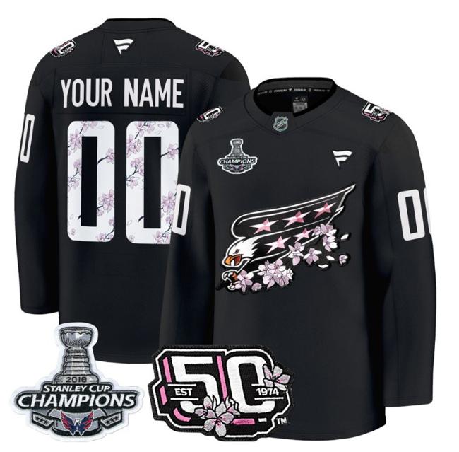 Custom Washington Capitals 50th Anniversary & 2018 Stanley Cup Champions Patch Black Stitched NHL Jersey
