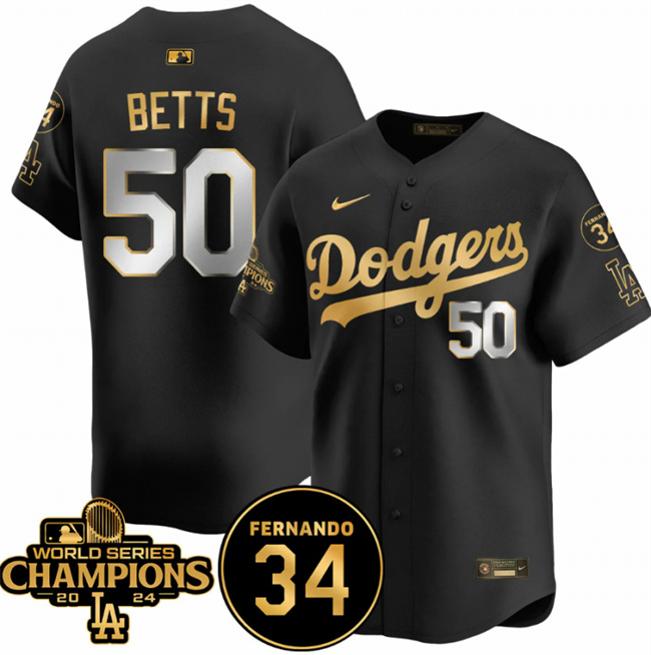 Women's Los Angeles Dodgers #50 Mookie Betts Black Gold 2024 World Series Champions & Fernando Memorial Patch Vapor Premier Limited Stitched Baseball Jersey