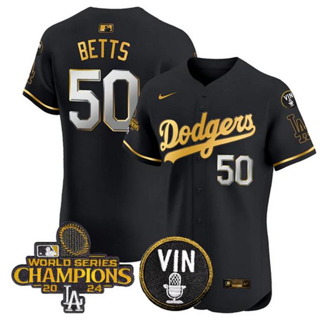Men's Los Angeles Dodgers ACTIVE PLAYER Custom Black Gold 2024 World Series Champions With Vin Patch Vapor Limited Stitched Baseball Jersey