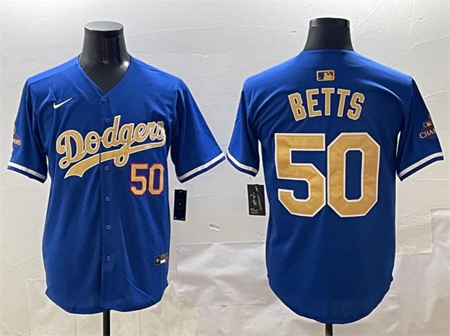 Men's Los Angeles Dodgers #50 Mookie Betts Royal 2024 World Series Champions 2025 Gold Collection Limited Stitched Baseball Jersey