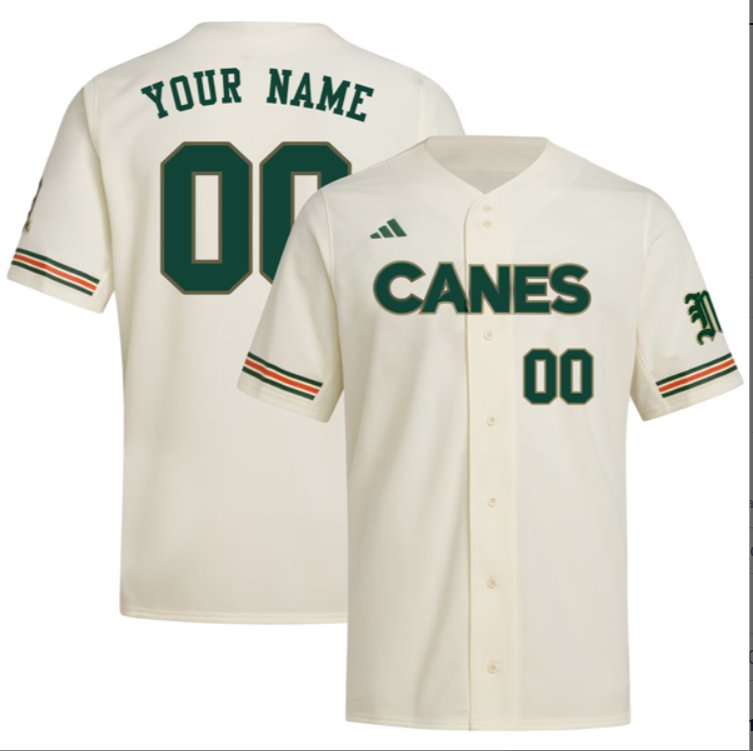 Custom Miami Hurricanes Baseball Cream Golden Trim Jersey Stitched