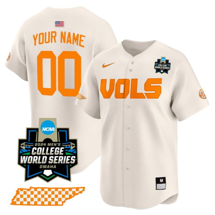 Custom Tennessee Volunteers 2024 College Baseball World Series Jersey Cream Stitched