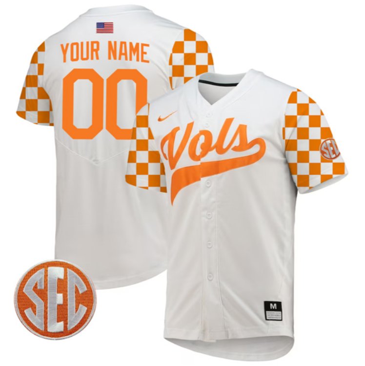 Custom Tennessee Vols Jersey College Baseball “Checkerboard” White SEC Patch