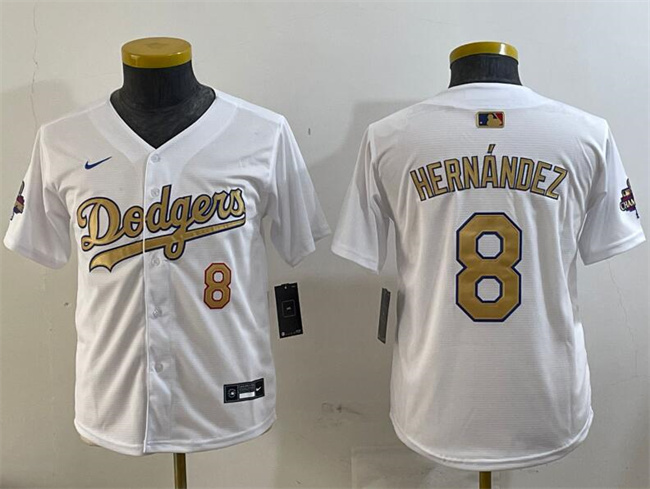 Youth Los Angeles Dodgers #8 Enrique Hernández White 2024 WSC patch 2025 Gold Collection Limited Stitched Baseball Jersey