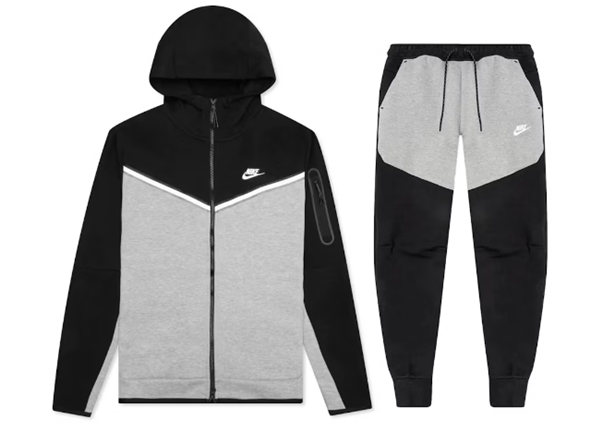 Men's Nike Black Dark Gray Heather White Tech Fleece Full Zip Hoodie & Joggers Set