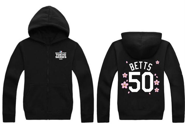 Men's Los Angeles Dodgers #50 Mookie Betts Black 2025 Tokyo Series Full-Zip Hoodie