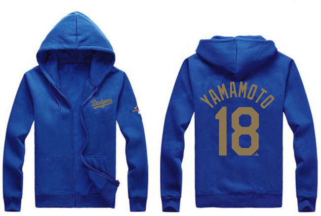 Men's Los Angeles Dodgers #18 Yoshinobu Yamamoto Royal Gold 2024 World Series Champions Full-Zip Hoodie