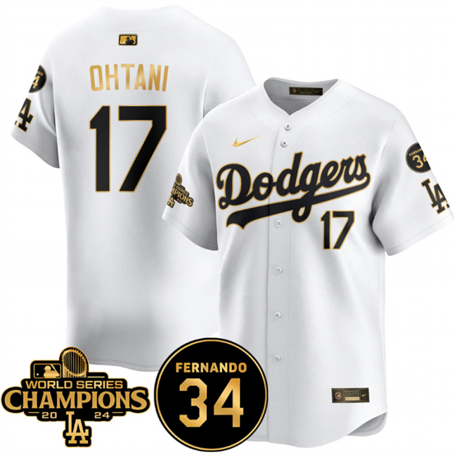 Youth Los Angeles Dodgers #17 Shohei Ohtani White Gold 2024 World Series Champions & Fernando Memorial Patch Vapor Premier Limited Stitched Baseball Jersey