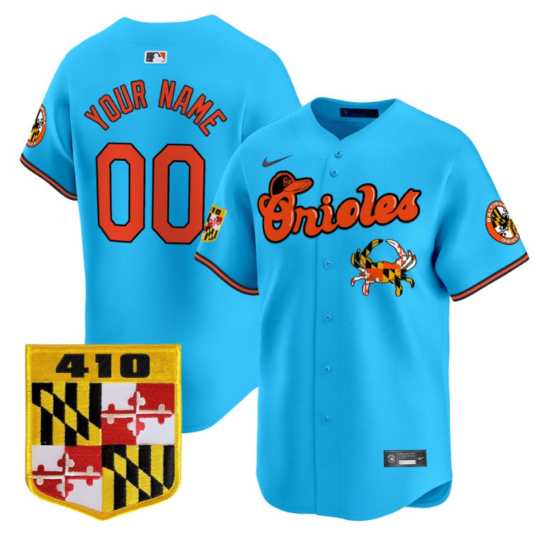 Custom Baltimore Orioles Jersey 410 & Chesapeake Crab Patch Premier Limited Stitched Light Blue