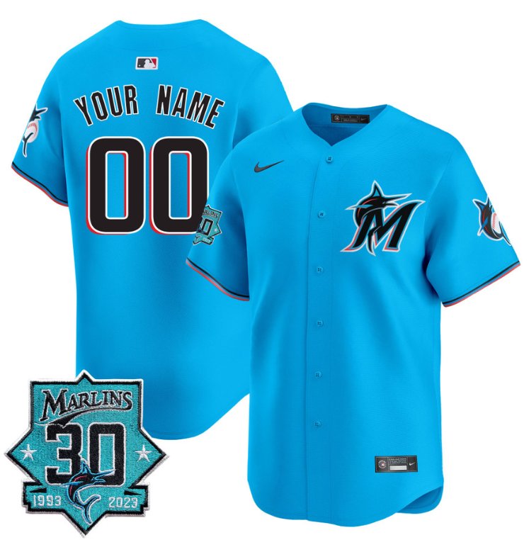 Custom Miami Marlins Jersey 30 Seasons Anniversary Patch Vapor Premier Limited Stitched Blue