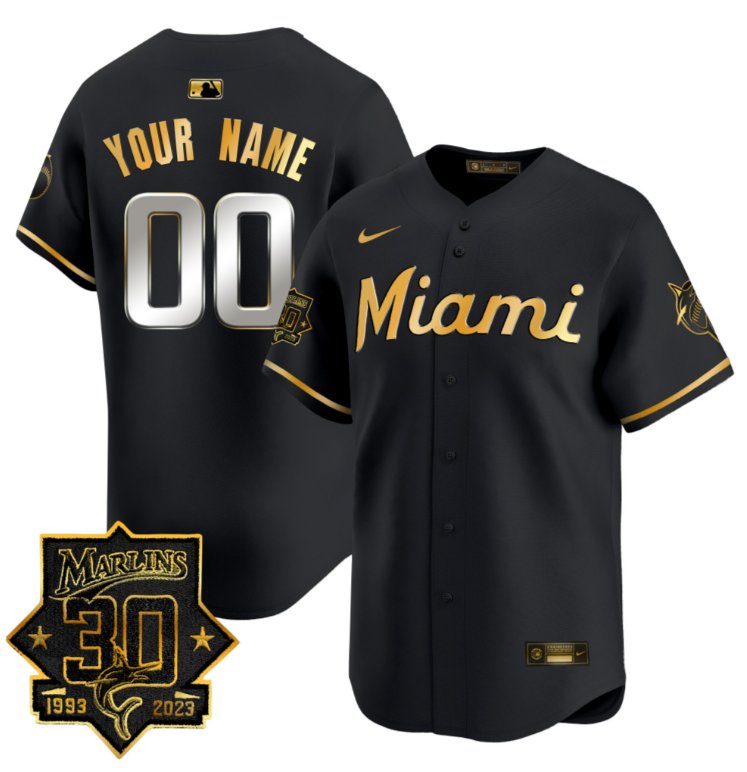 Custom Miami Marlins Jersey 30 Seasons Anniversary Patch Vapor Premier Limited Stitched Black Gold