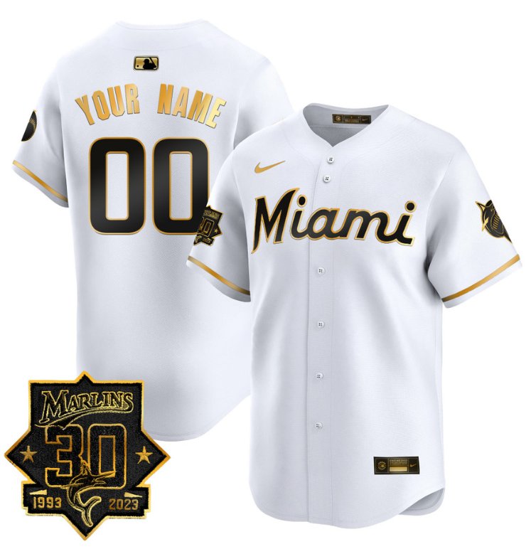 Custom Miami Marlins Jersey 30 Seasons Anniversary Patch Vapor Premier Limited Stitched White Gold