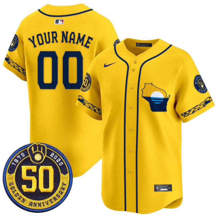Custom Milwaukee Brewers Jersey Golden 50th Anniversary Patch Premier Limited Stitched Gold