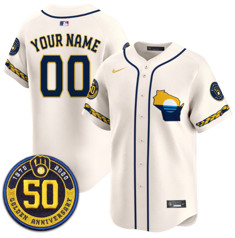 Custom Milwaukee Brewers Jersey Golden 50th Anniversary Patch Premier Limited Stitched Cream