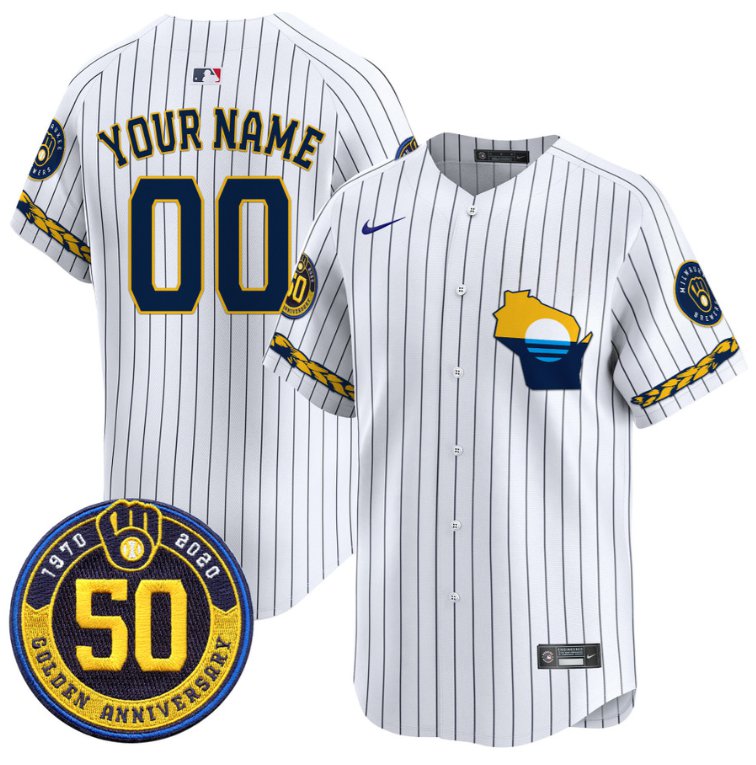 Custom Milwaukee Brewers Jersey Golden 50th Anniversary Patch Premier Limited Stitched Pinstripe