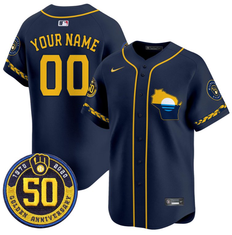 Custom Milwaukee Brewers Jersey Golden 50th Anniversary Patch Premier Limited Stitched Navy