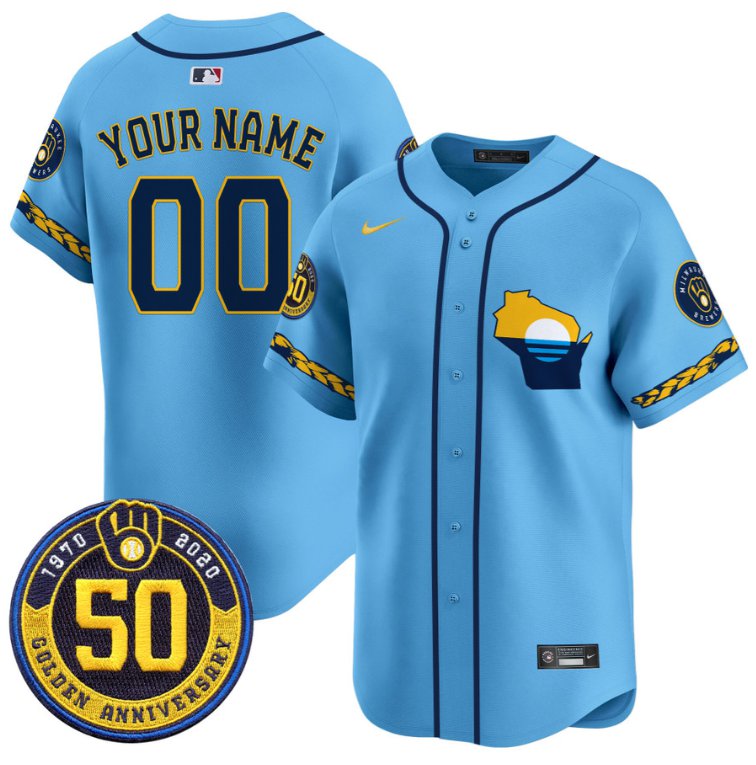 Custom Milwaukee Brewers Jersey Golden 50th Anniversary Patch Premier Limited Stitched Blue