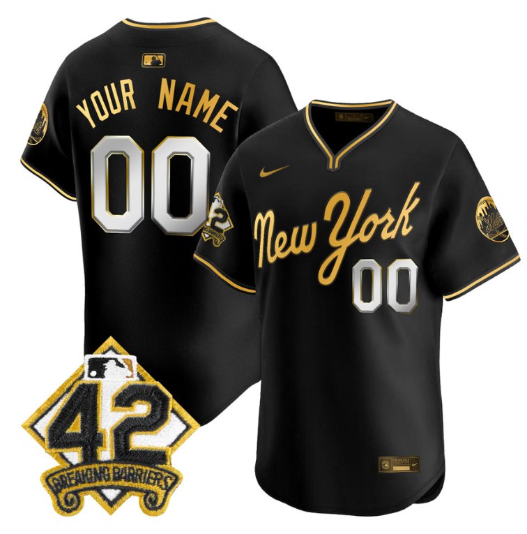 Custom New York Mets Jersey 2025 Jackie Robinson Patch Road Alternate Stitched Black Gold