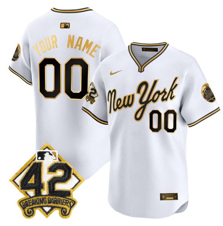 Custom New York Mets Jersey 2025 Jackie Robinson Patch Road Alternate Stitched White Gold