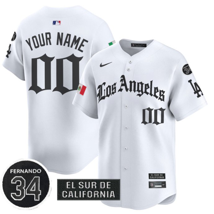 Custom Los Angeles Dodgers Mexico Jersey Name, Number 2025 LA Gothic Style Patch Premier Limited Stitched White
