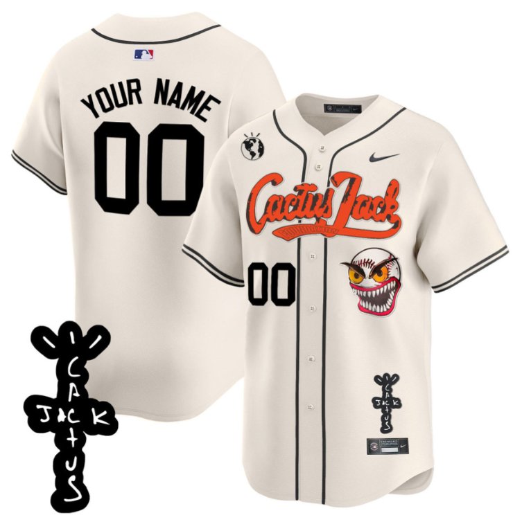 Houston Astros Cactus Jack Patch V2 Custom Nike Stitched Jersey - Cream