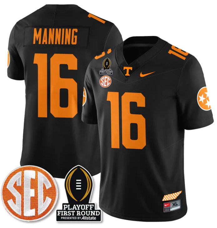 Men's Peyton Manning Jersey #16 Tennessee Vols Playoff First Round Patch Black