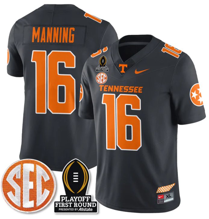 Men's Peyton Manning Jersey #16 Tennessee Vols Playoff First Round Patch Grey