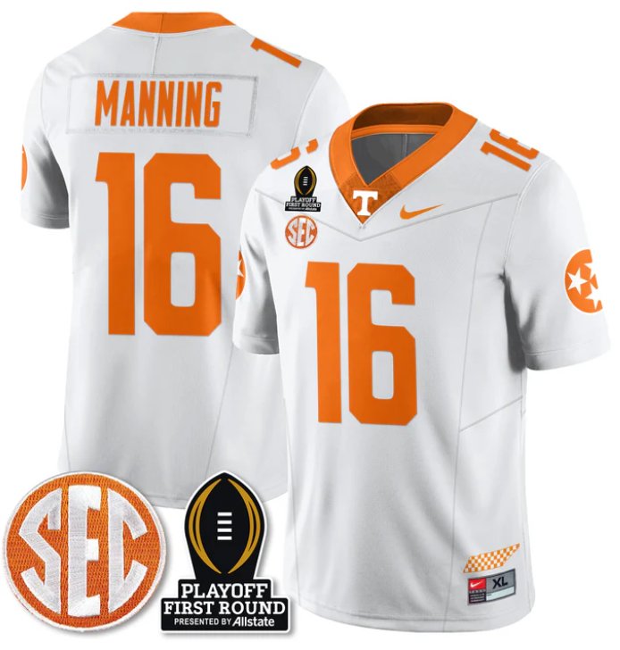 Men's Peyton Manning Jersey #16 Tennessee Vols Playoff First Round Patch White