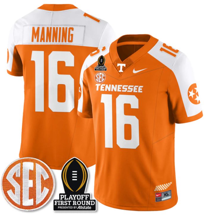 Men's Peyton Manning Jersey #16 Tennessee Vols Playoff First Round Patch Orange Alternate