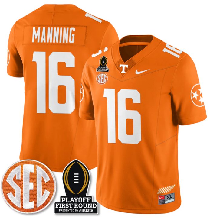 Men's Peyton Manning Jersey #16 Tennessee Vols Playoff First Round Patch Orange