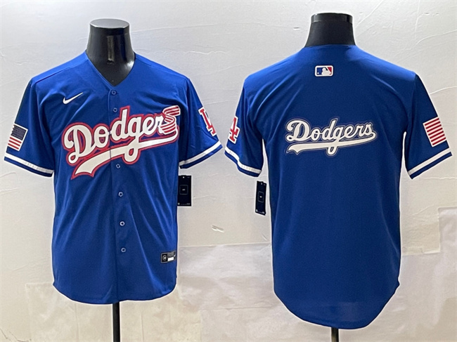 Men's Los Angeles Dodgers Team Big Logo Royal With American Flag Patch Limited Stitched Baseball Jersey