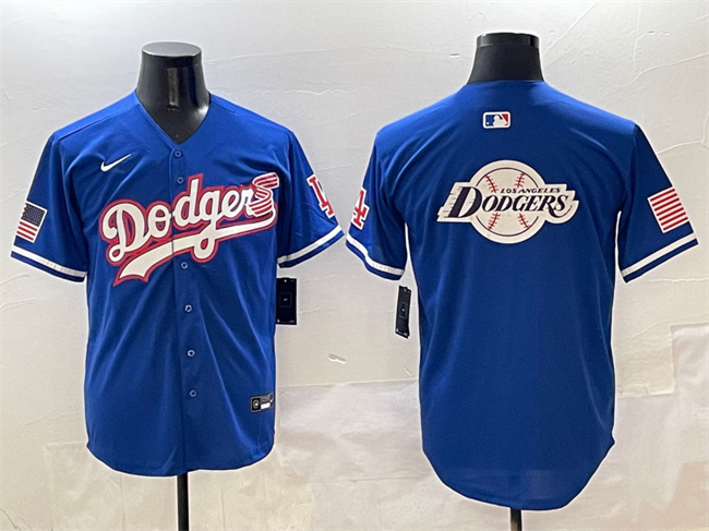Men's Los Angeles Dodgers Team Big Logo Royal With American Flag Patch Limited Stitched MLB Jersey