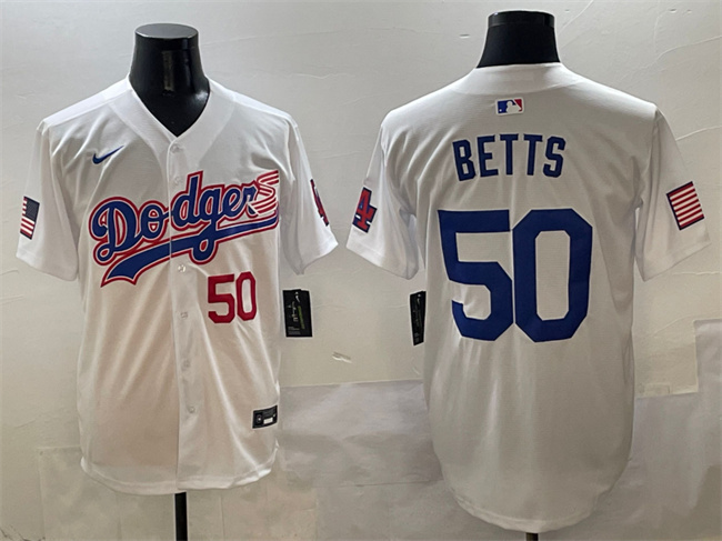Men's Los Angeles Dodgers #50 Mookie Betts White With American Flag Patch Limited Stitched Baseball Jersey