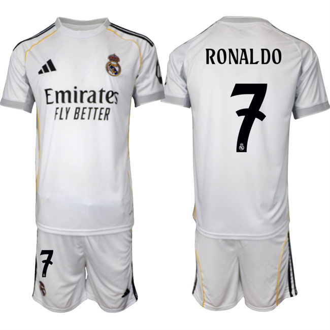 Men's Real Madrid #7 Ronaldo 25-26 White Home Soccer Jersey Suit