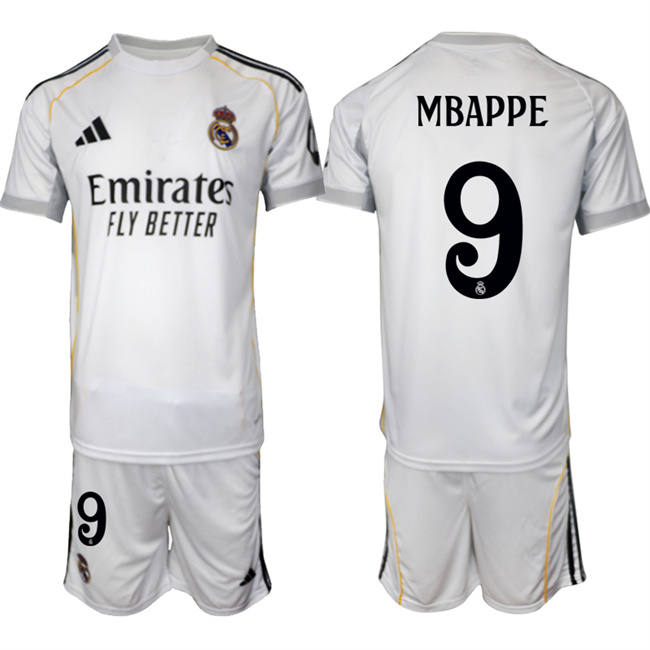 Men's Real Madrid #9 Kylian Mbappé 25-26 White Home Soccer Jersey Suit